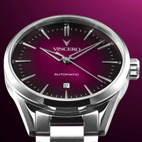 Silver wristwatch with a dark purple face on a matching background, featuring the brand 'Vincero'.