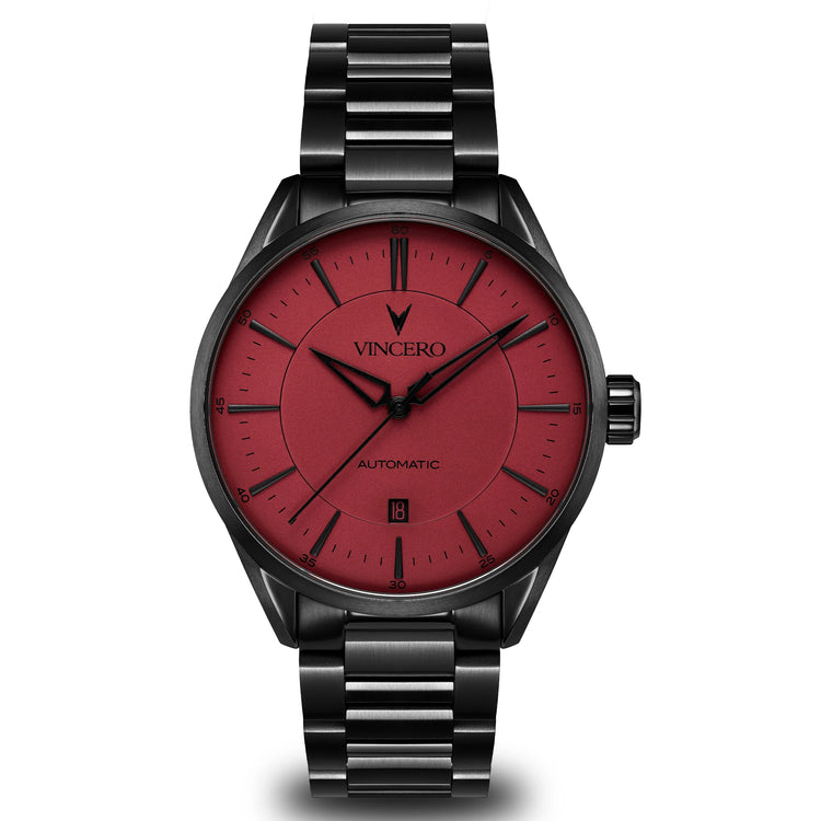 Watch with red face and black strap on white background