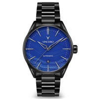 Watch with blue dial and black metal strap on white background