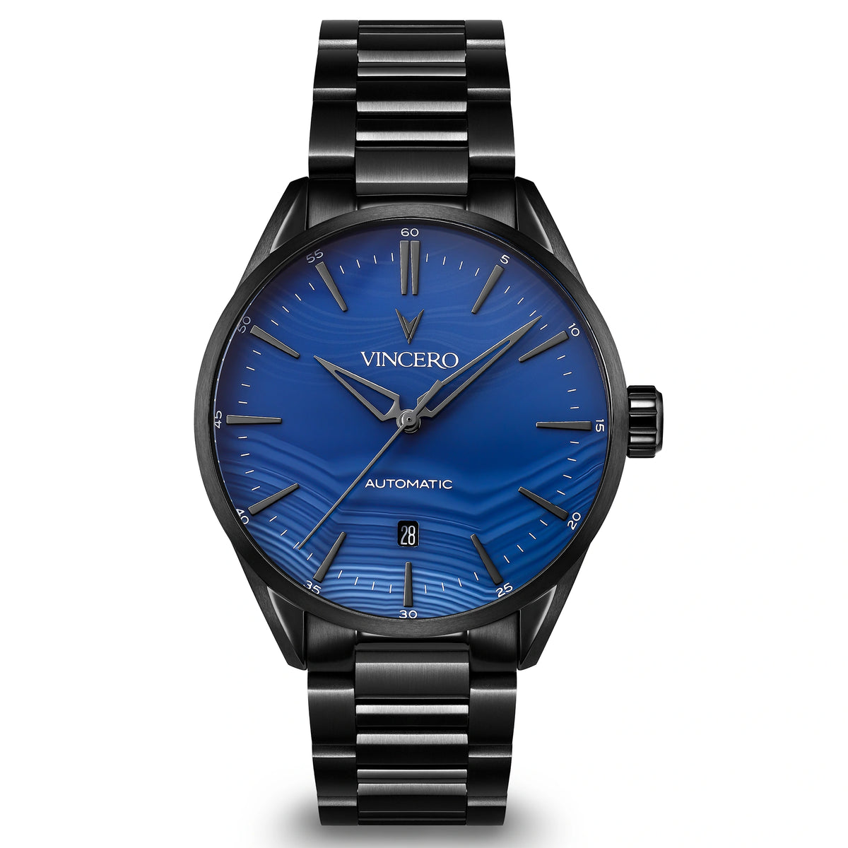 Black wristwatch with blue dial on a white background