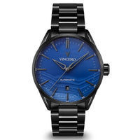 Black wristwatch with blue dial on a white background