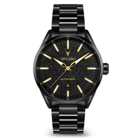 A black automatic wristwatch with a matching black metal link bracelet, featuring a textured black dial with gold-tone hands, hour markers, and the VINCERO brand name.