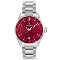 Silver watch with a red face on a white background