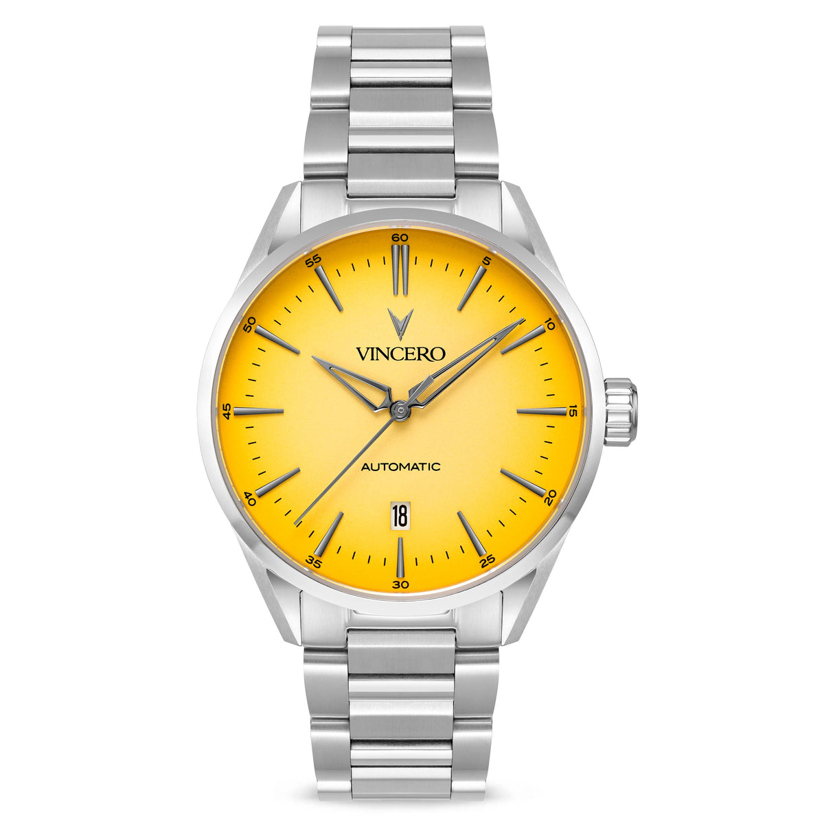 A silver stainless steel watch with a yellow dial and a date display, branded Vincero, with a sapphire crystal cover.