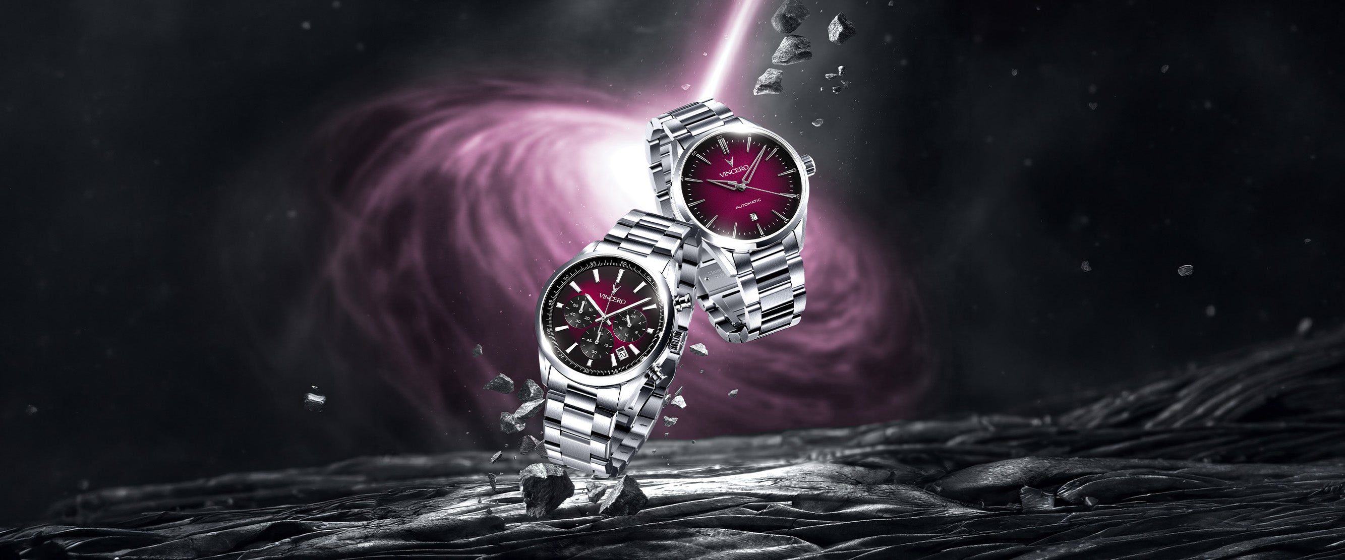 Silver watch with red face on a dark, space-themed background