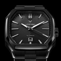 Black wristwatch with 'Vincero' brand on a black background