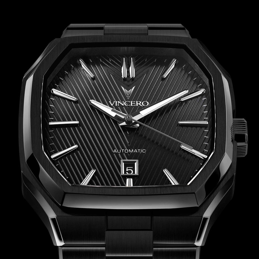 Black wristwatch with 'Vincero' brand on a black background