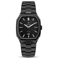 Black wristwatch with a detailed face on a white background
