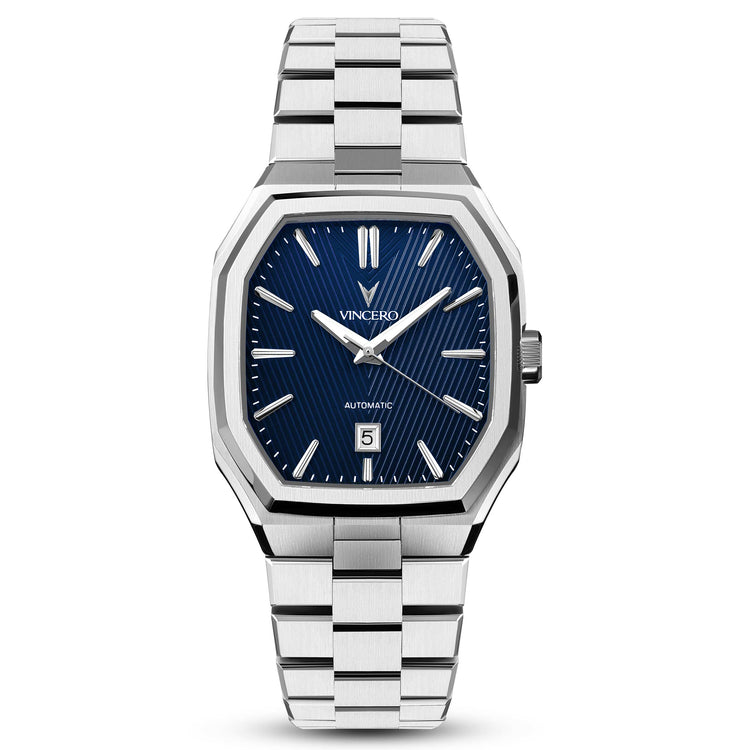 Silver wristwatch with blue dial on a white background