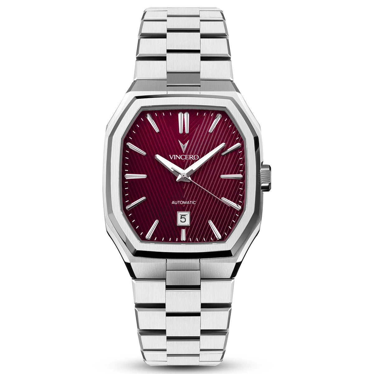 Silver watch with a red face on a white background