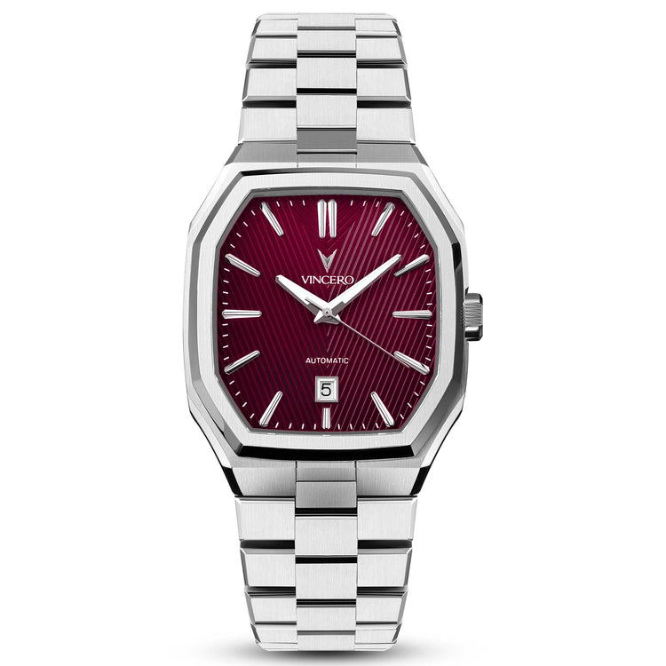 Silver watch with a red face on a white background