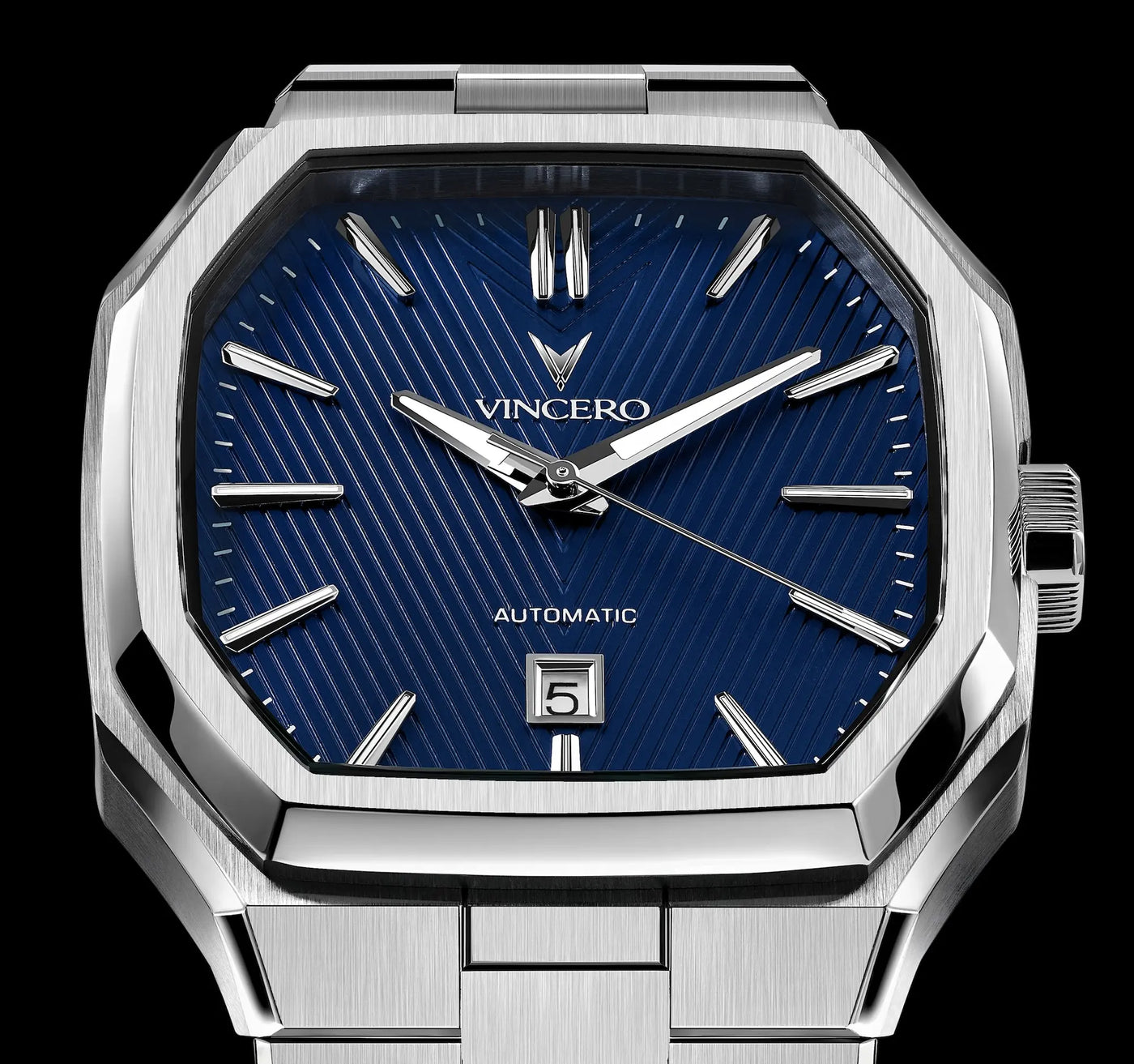 Silver Vincero watch with blue dial on a black background