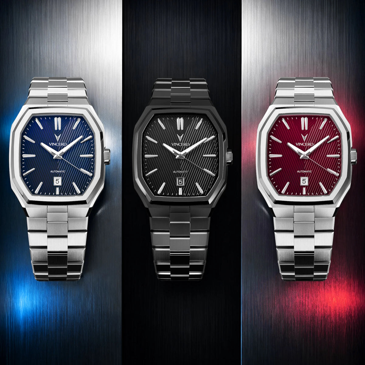 Three watches with different colored faces on a dark background