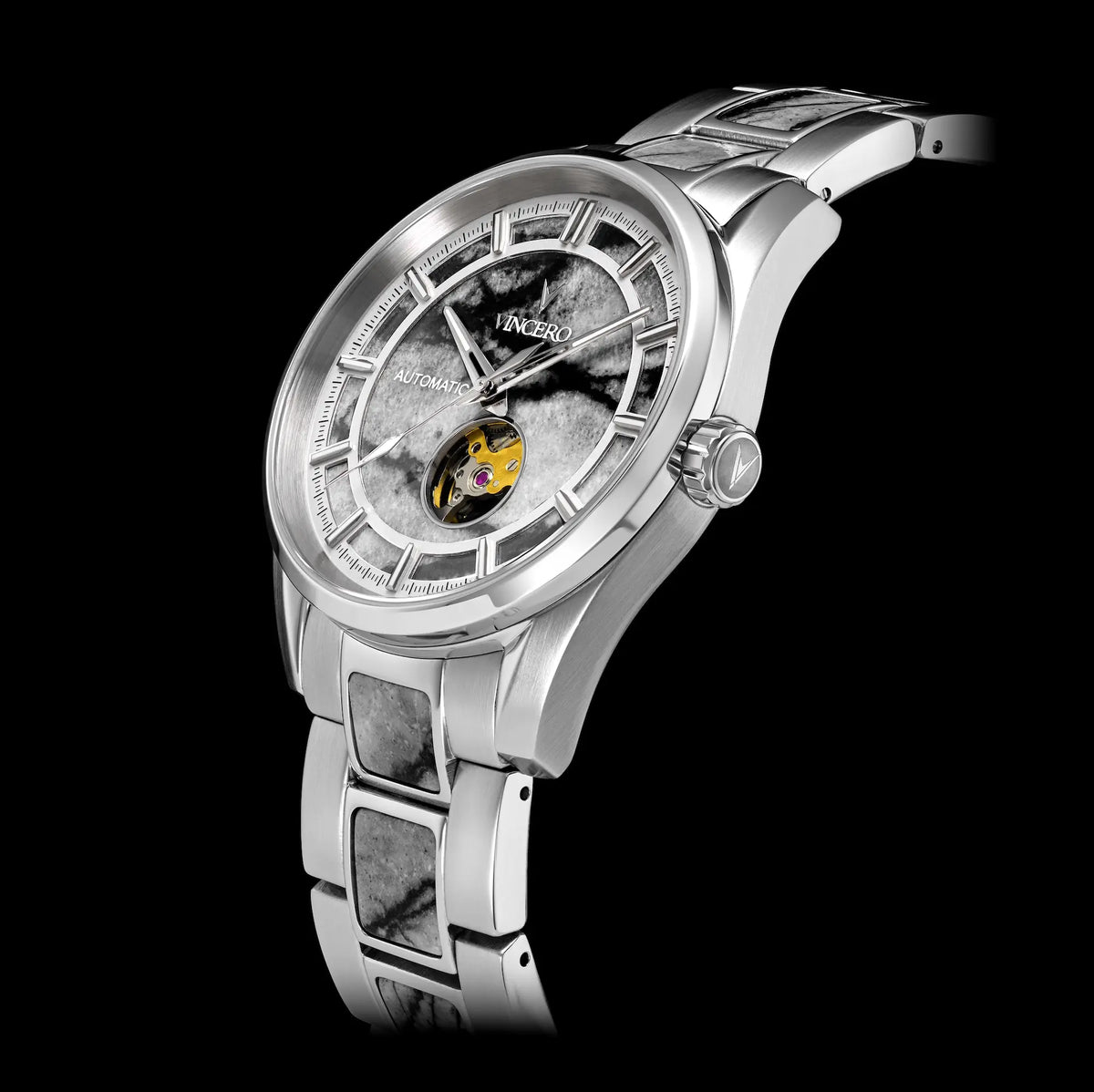 Silver wristwatch with detailed face on a black background