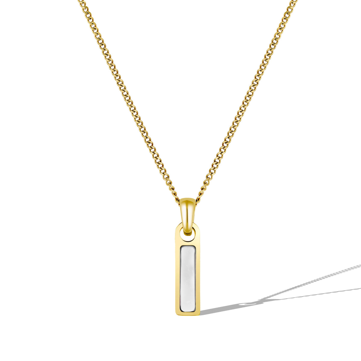 Gold necklace with a rectangular pendant on a white background