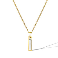 Gold necklace with a rectangular pendant on a white background