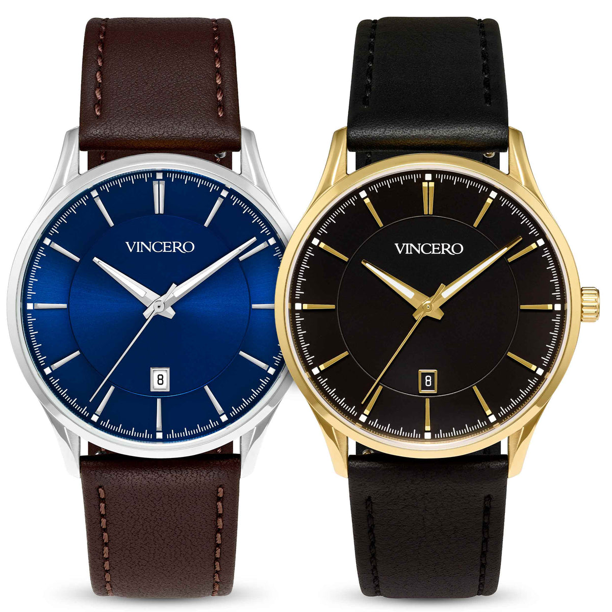 Two VINCERO men's analog wristwatches with leather straps, shown side by side on a white background. The left watch has a silver case, a blue dial, and a brown leather strap.