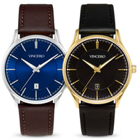 Two VINCERO men's analog wristwatches with leather straps, shown side by side on a white background. The left watch has a silver case, a blue dial, and a brown leather strap.