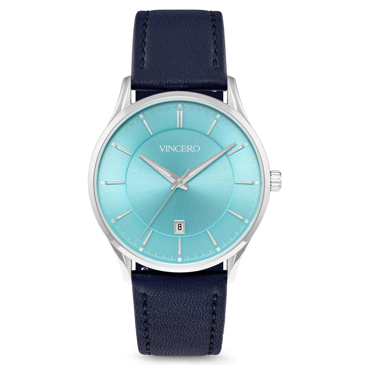 A silver-toned men's dress watch with a blue dial and a navy blue leather strap, branded 'VINCERO'.