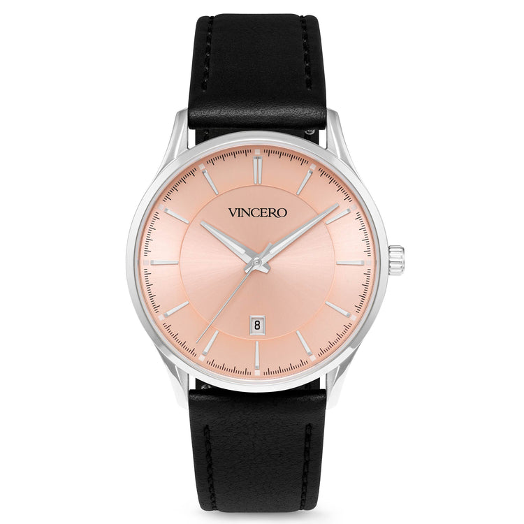 A silver-toned Kairos watch with a rose gold dial and a black leather strap.