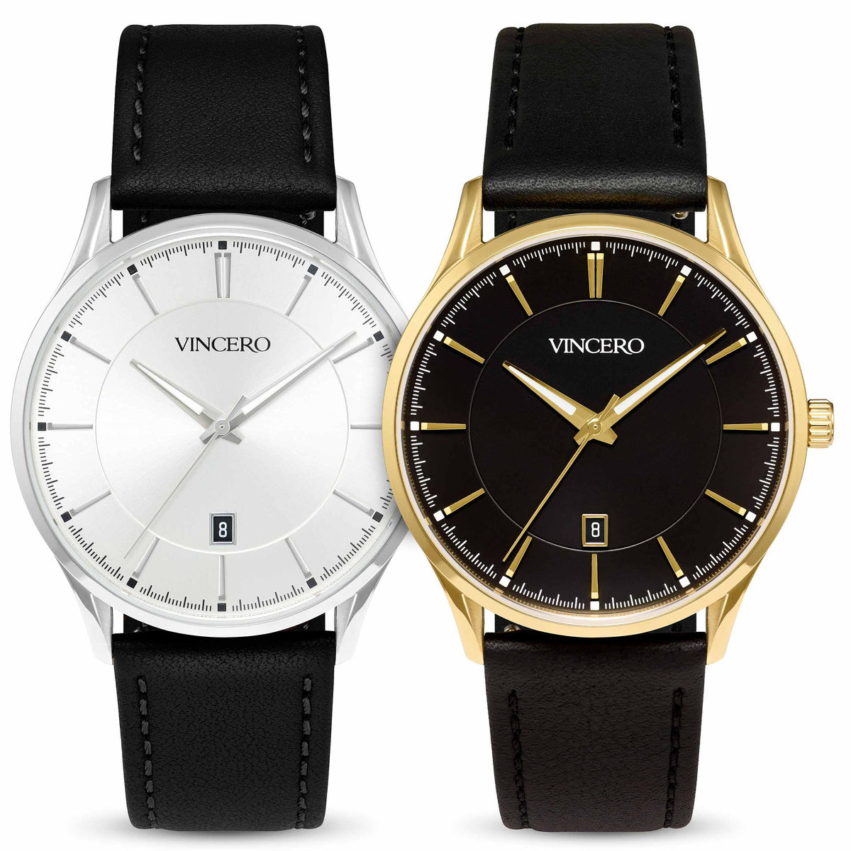 Two VINCERO men's analog wristwatches with black leather straps, shown side by side on a white background. The watch on the left has a silver-toned case and a white dial, while the watch on the right has a gold-toned case and a black dial.