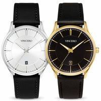 Two VINCERO men's analog wristwatches with black leather straps, shown side by side on a white background. The watch on the left has a silver-toned case and a white dial, while the watch on the right has a gold-toned case and a black dial.