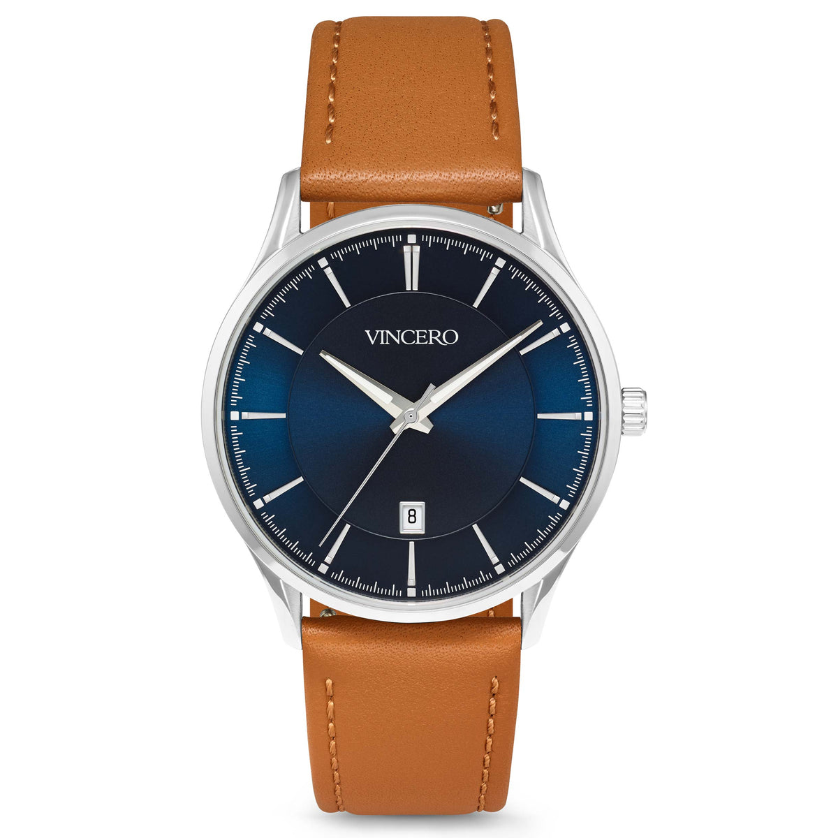 A VINCERO men's analog watch with a blue dial, silver case, and brown leather strap.