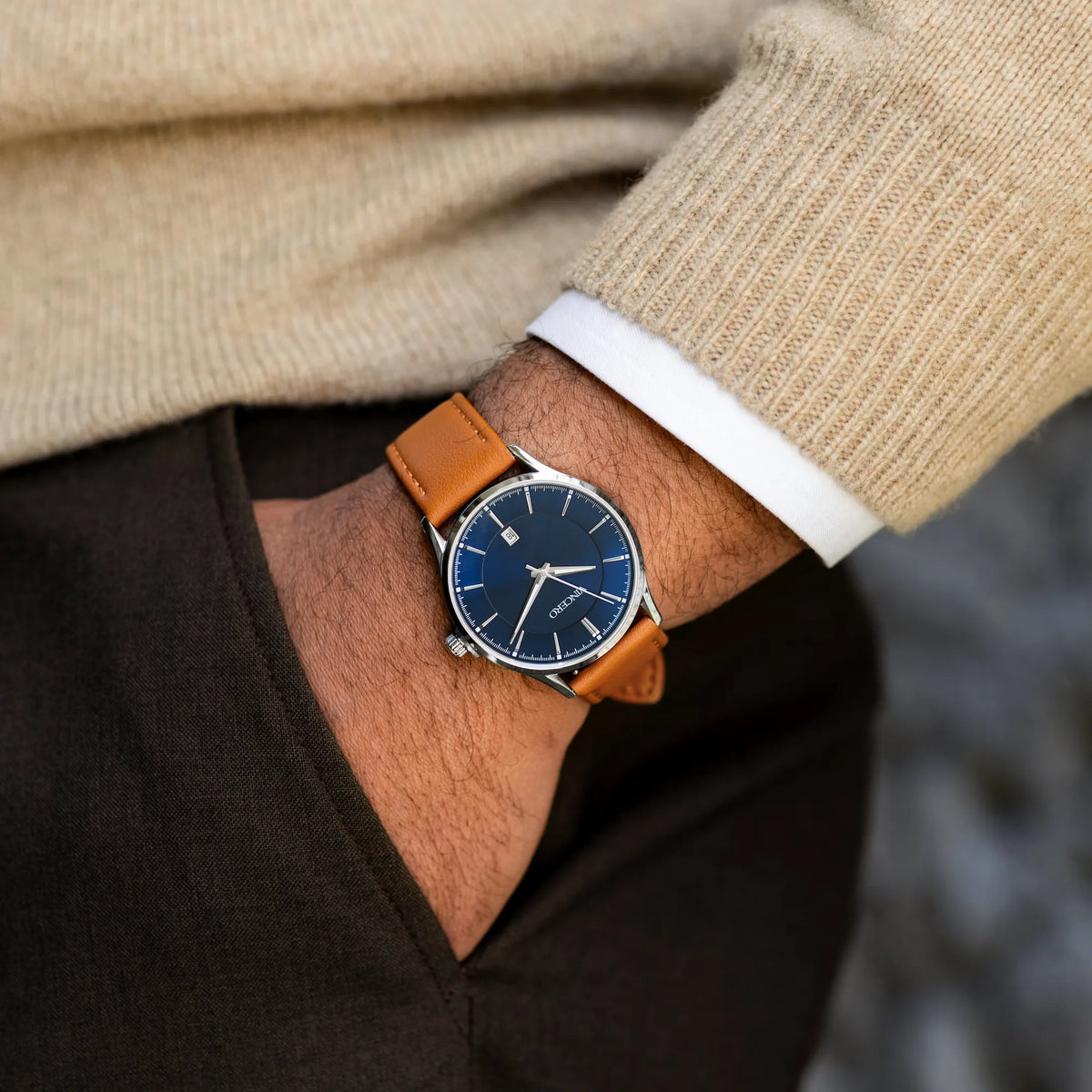 Blue And tan leather wrist shot