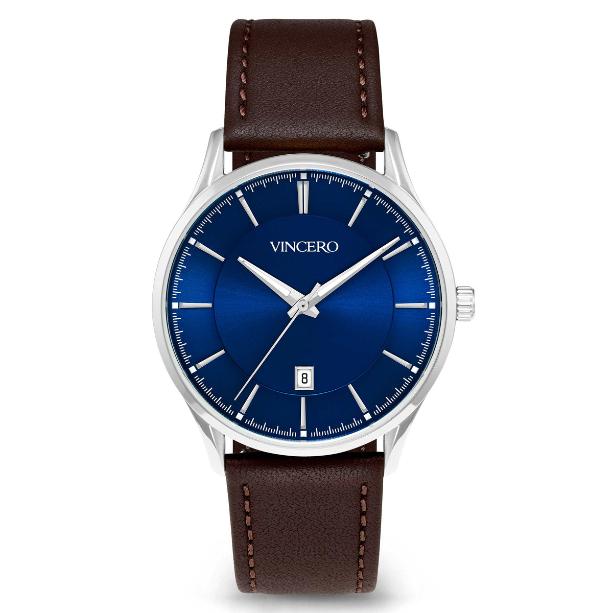 A VINCERO men's analog watch featuring a deep blue sunburst dial, silver-tone stainless steel case, and a brown leather strap with matching contrast stitching.