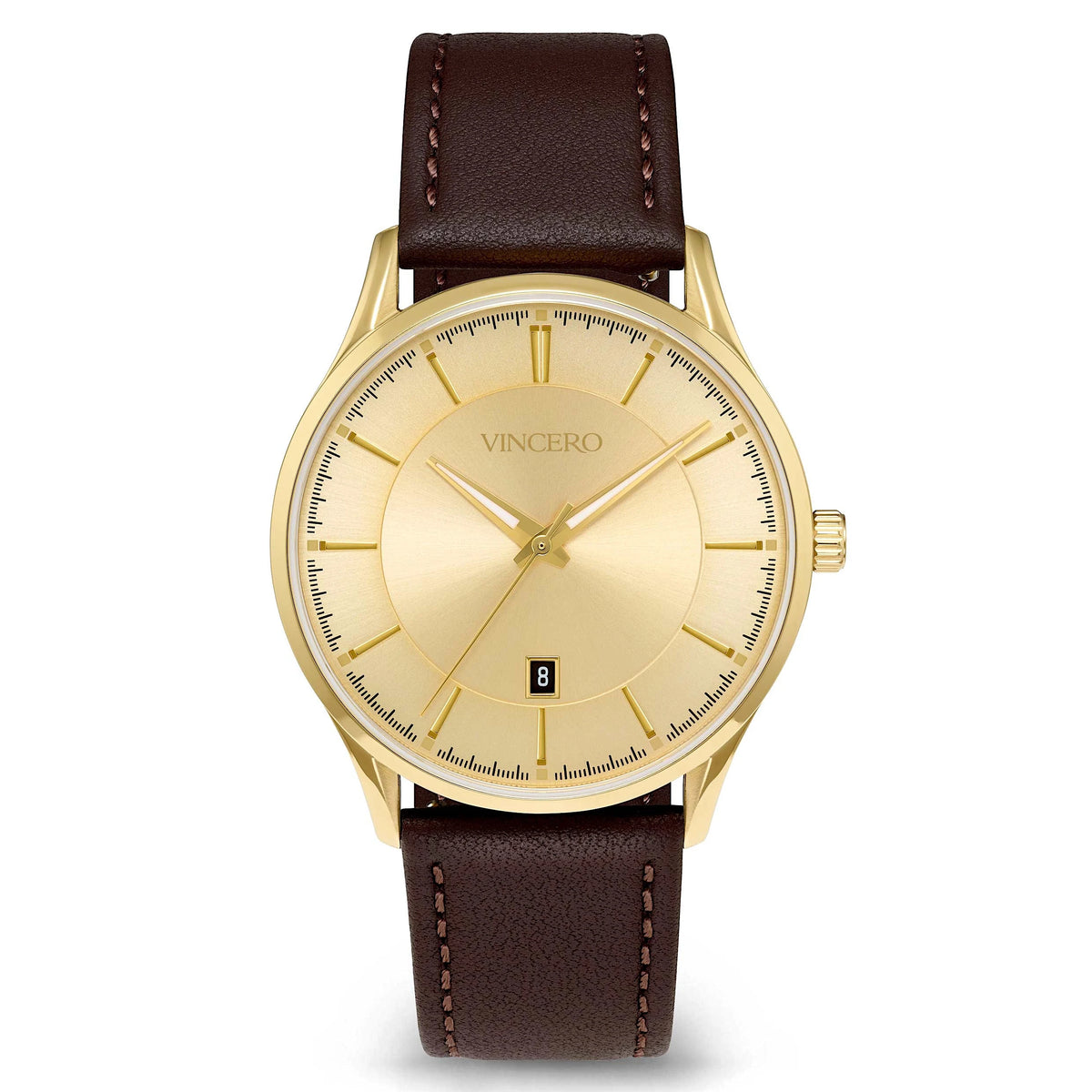 A VINCERO men's analog watch featuring a gold-tone round case, a champagne-gold dial with slim gold hands and hour markers, and a dark brown leather strap with visible stitching.