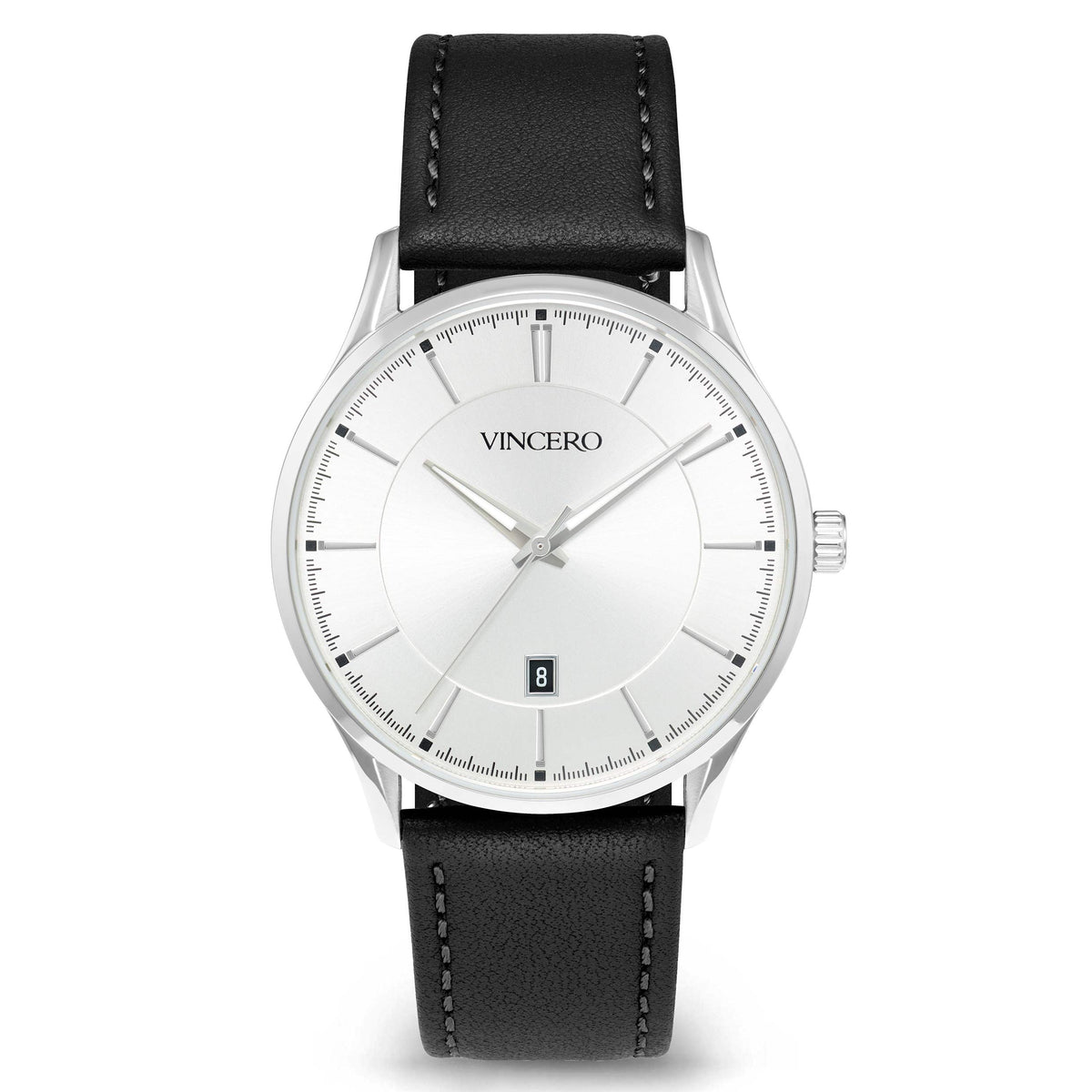 A classic analog wristwatch with a silver stainless steel case, a white dial with slim silver hands and hour markers, and a black leather strap with visible stitching.