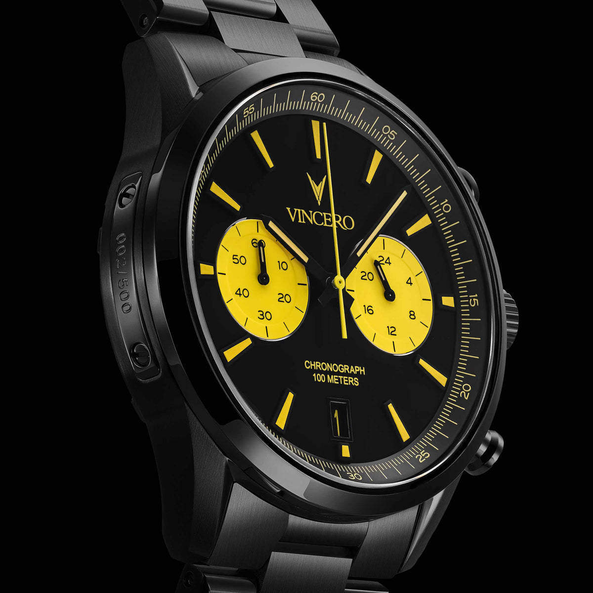 Black and yellow watch with 'Vincero' branding on a black background