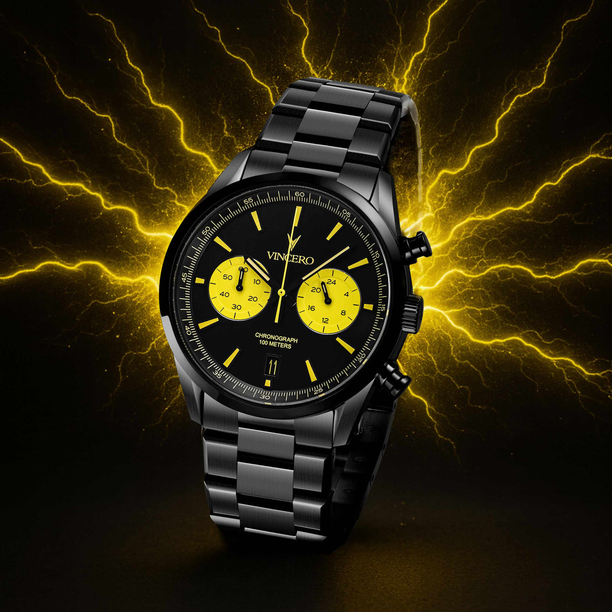 Black and yellow watch with a dynamic lightning background