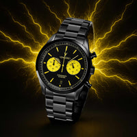 Black and yellow watch with a dynamic lightning background