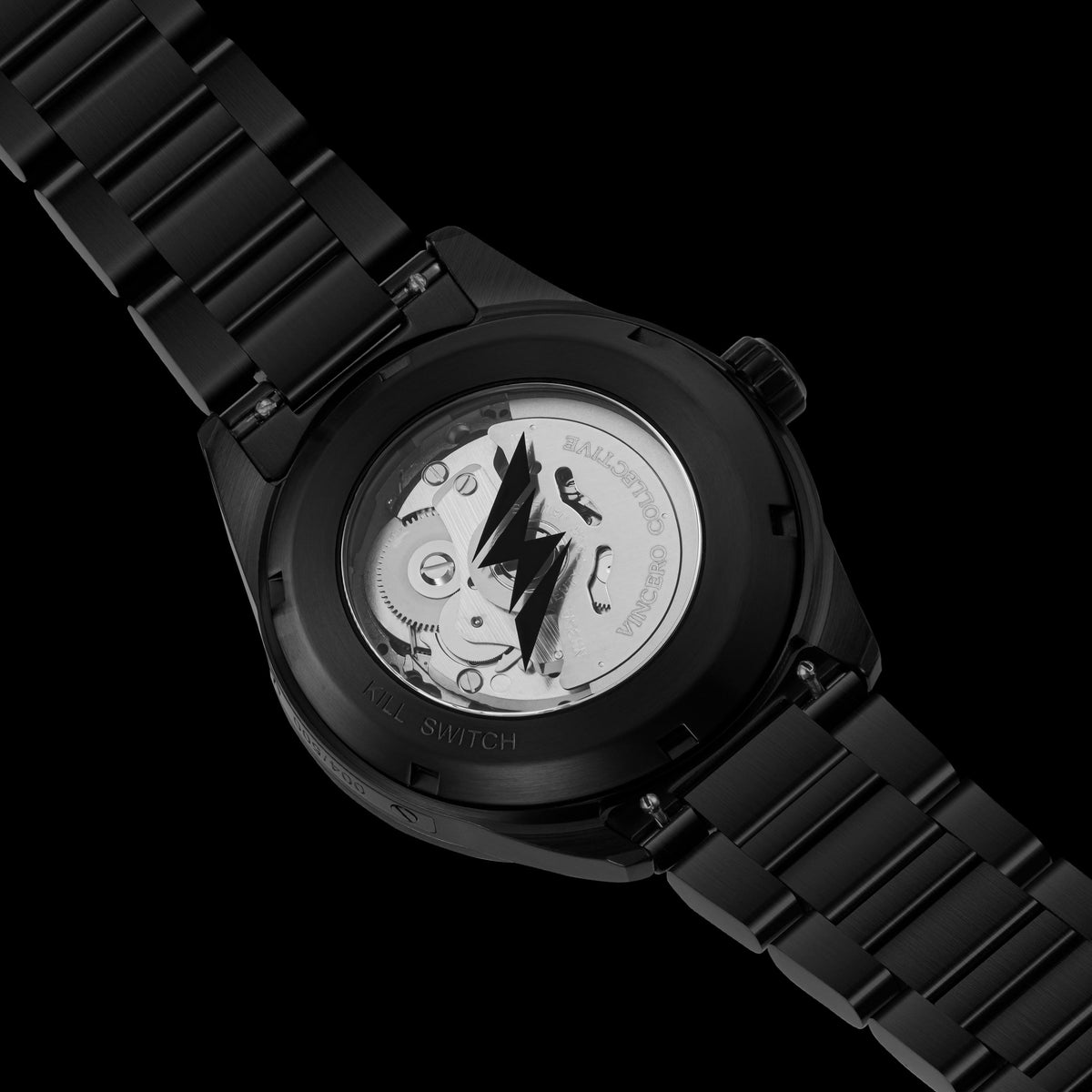 Black watch with mechanical components visible on a clear background