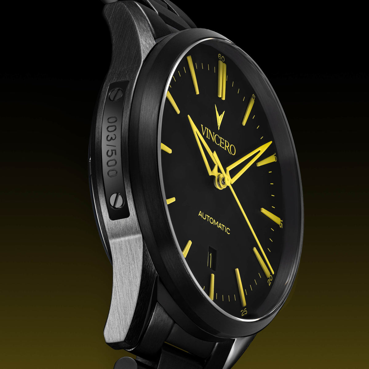 Watch with black face and yellow hands on a dark background