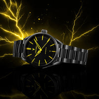 Black watch with yellow accents on a dark background with lightning effects