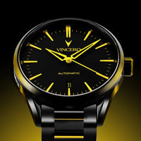 Black and gold Vincero watch on a dark background