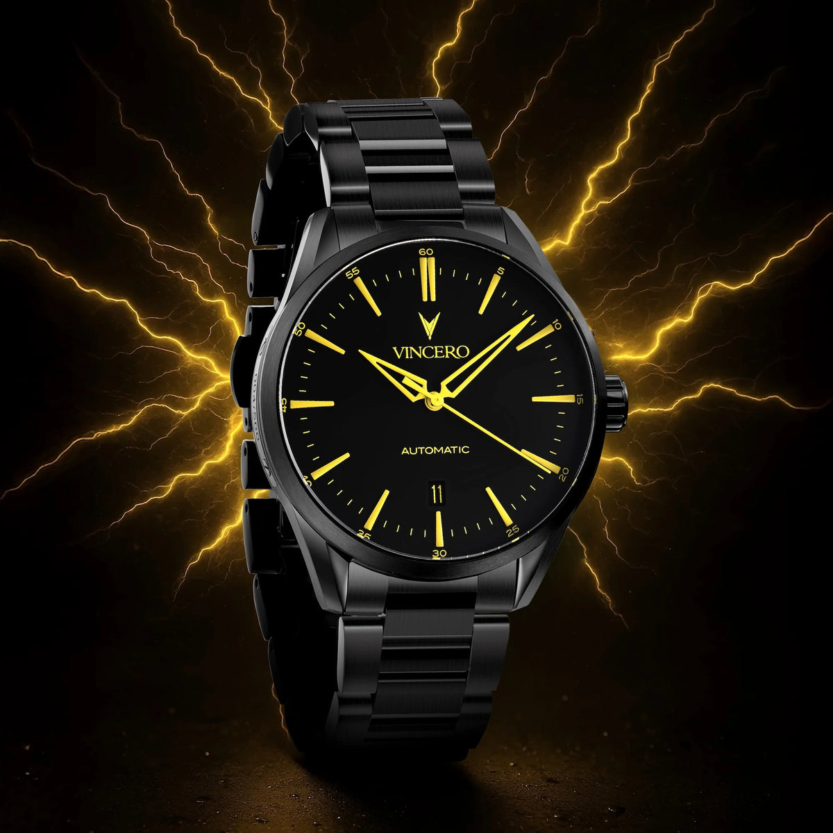 Black wristwatch with yellow accents on a dark background with lightning effects