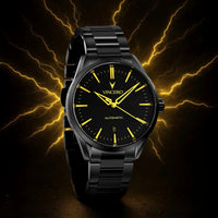 Black wristwatch with yellow accents on a dark background with lightning effects
