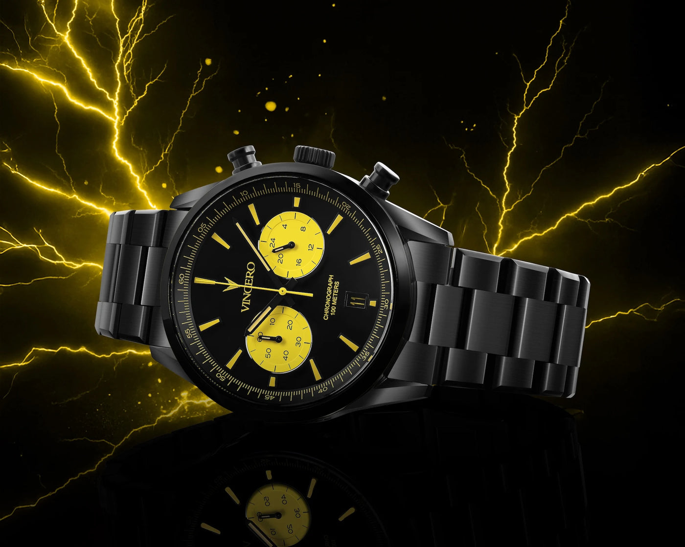 Black watch with yellow face on a dark background with lightning effects