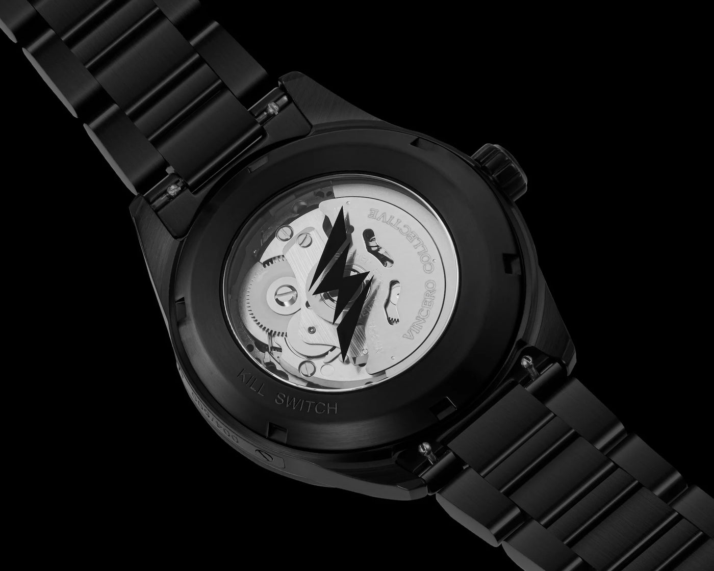 Black watch with mechanical components on a clear background