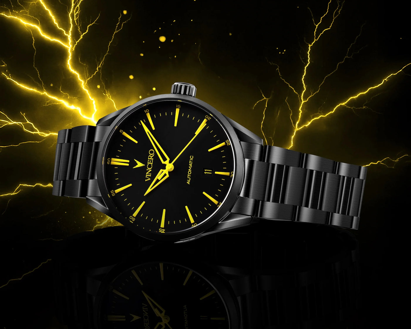Black wristwatch with yellow accents on a dark background with lightning effects
