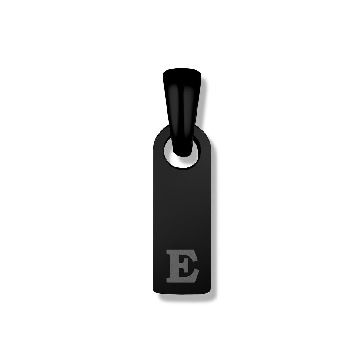 Black pendant with letter 'E' on a white background