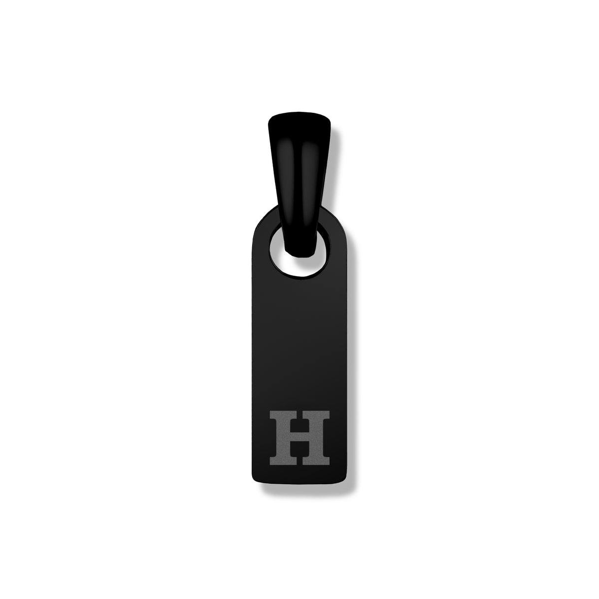 Black pendant with letter 'H' on a white background