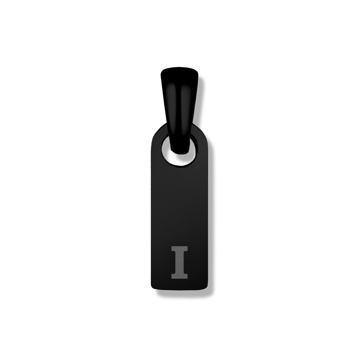 Black pendant with letter 'I' on a white background