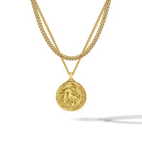 A gold double-layer necklace featuring a curb chain and a cable chain with a circular coin pendant depicting a lion head.