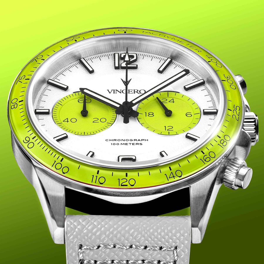 Watch with a green face and silver case on a green background