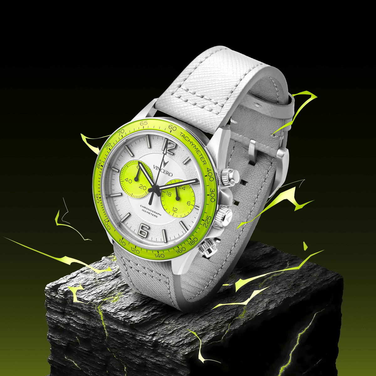 Watch with a white strap and green accents on a dark background