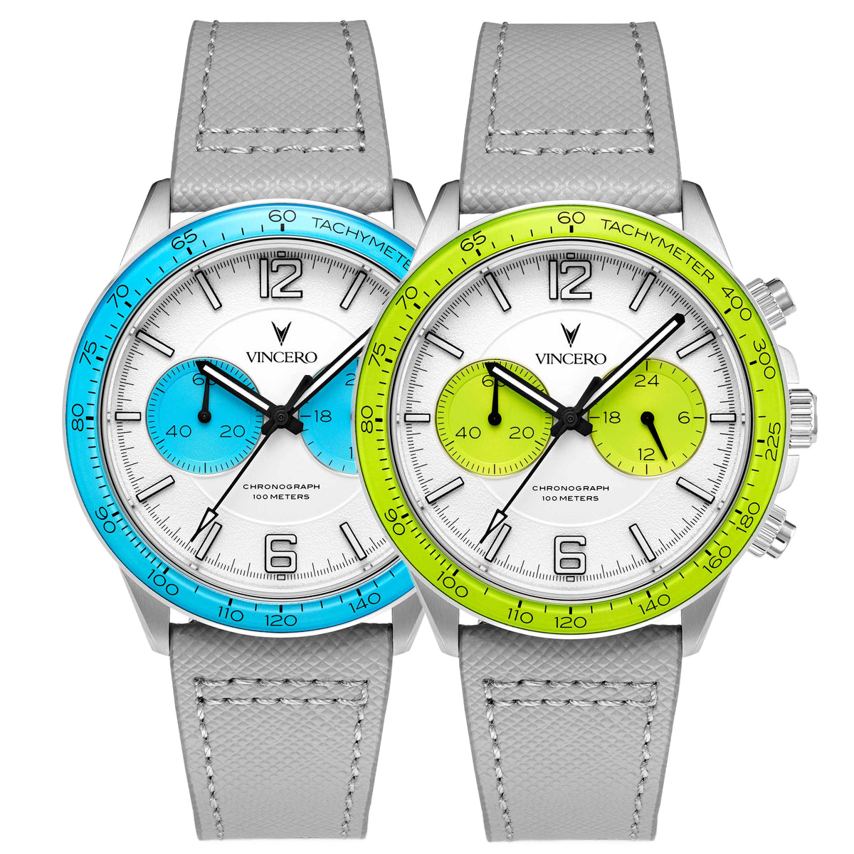 Two Vincero watches with gray straps and colorful faces on a white background